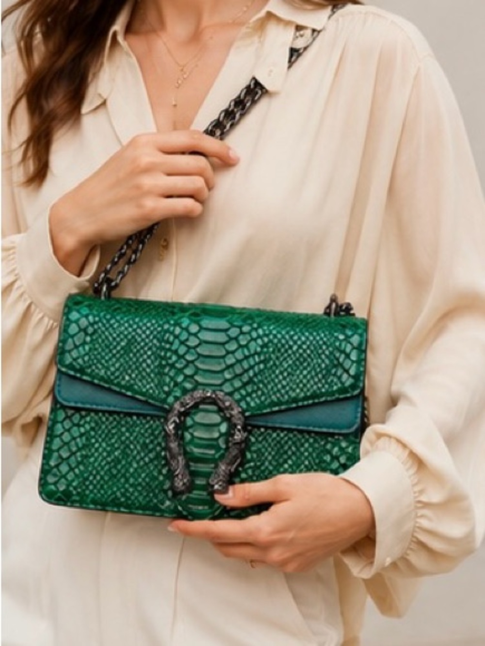 Emerald Green Snake Embossed Shoulder Bag | Chain Strap Designer Inspired Handba - Picture 6 of 8